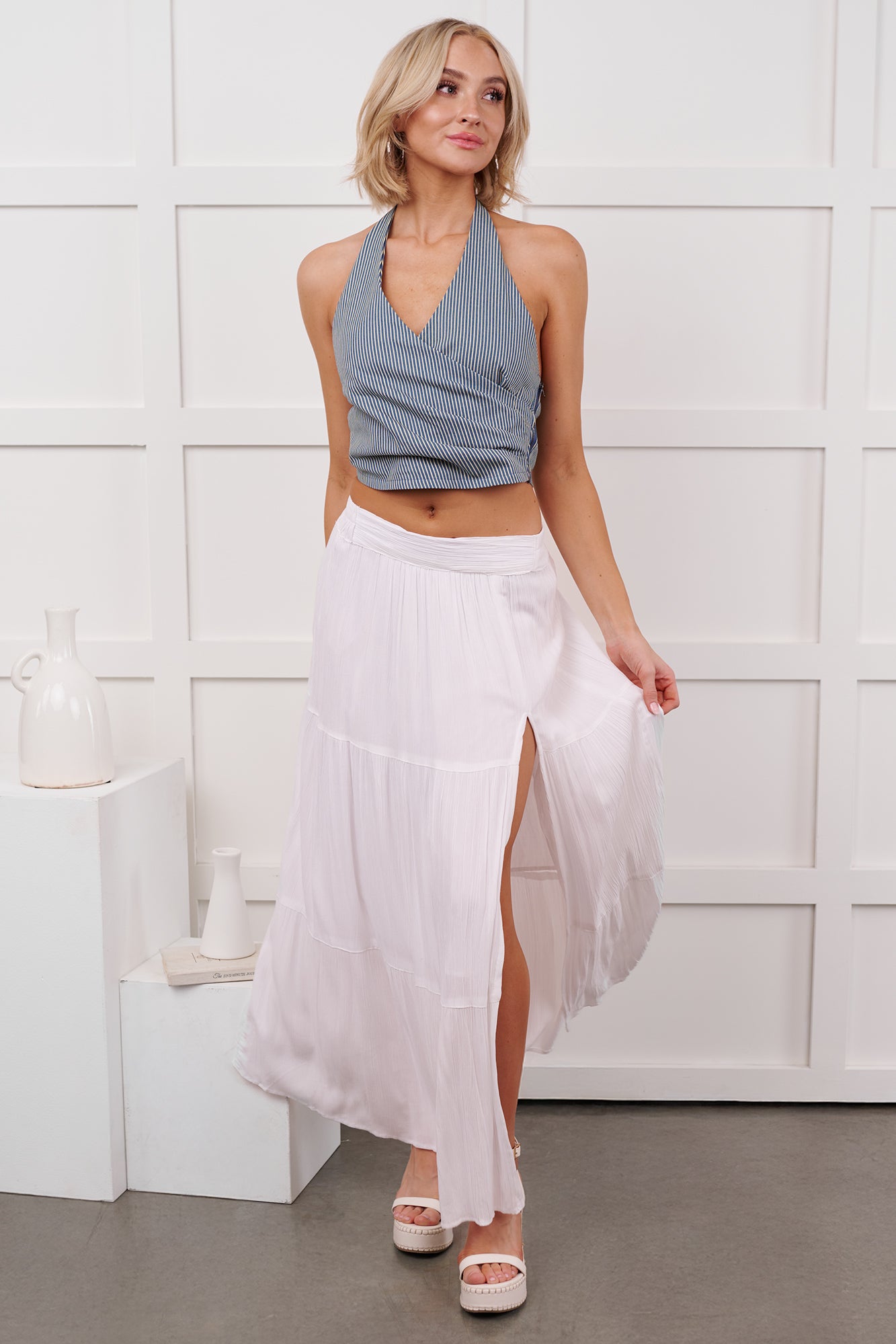 Darling Moments Tiered Slit Maxi Skirt (White)