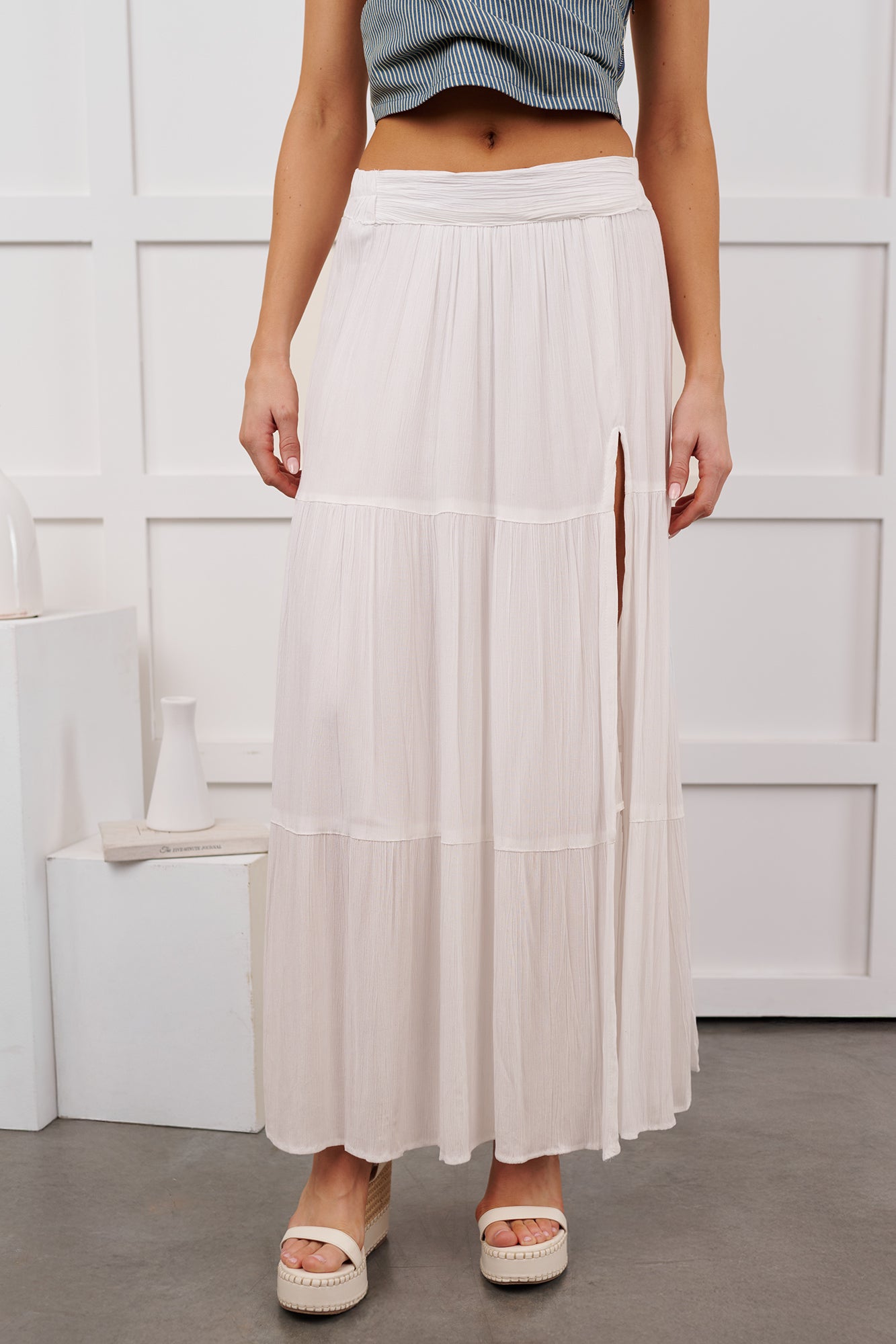 Darling Moments Tiered Slit Maxi Skirt (White)