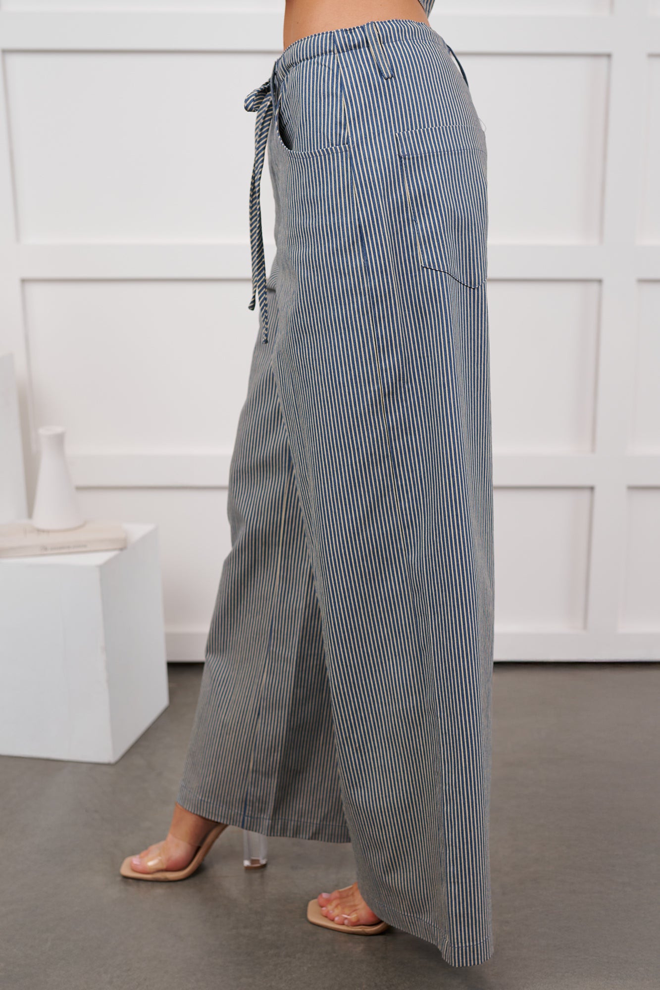 Malani Striped Wide Leg Denim Pants (Blue/White)