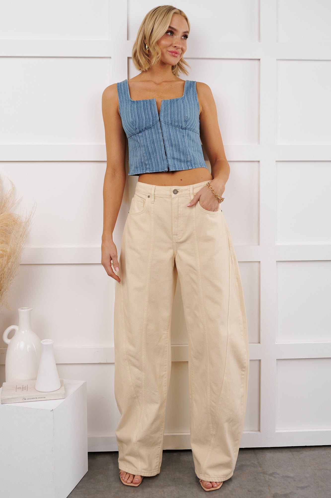 Just Killing Time Striped Denim Corset Top (Denim)