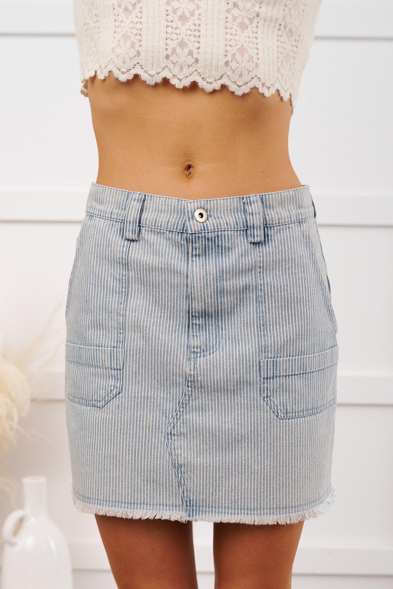 Pretty Priority Striped Denim Mini Skirt (Light)