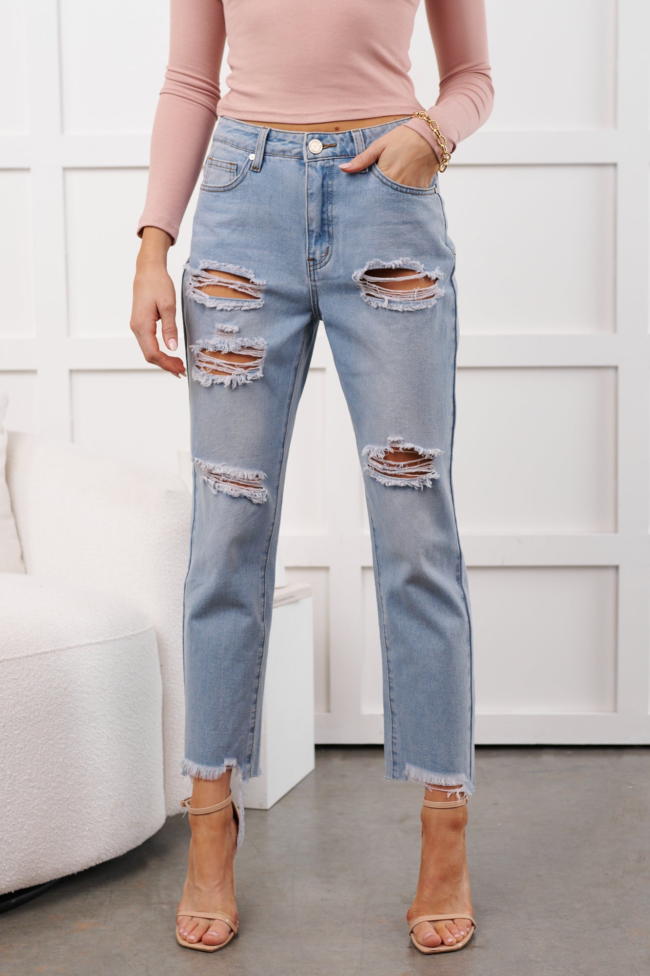 Boone High Rise Distressed Mom Jeans (Light Denim) - NanaMacs
