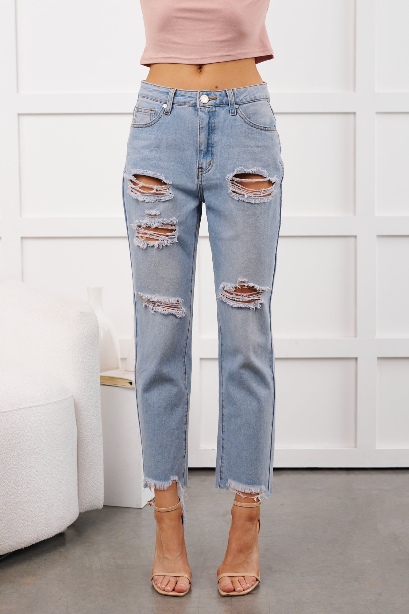 Boone High Rise Distressed Mom Jeans (Light Denim) - NanaMacs