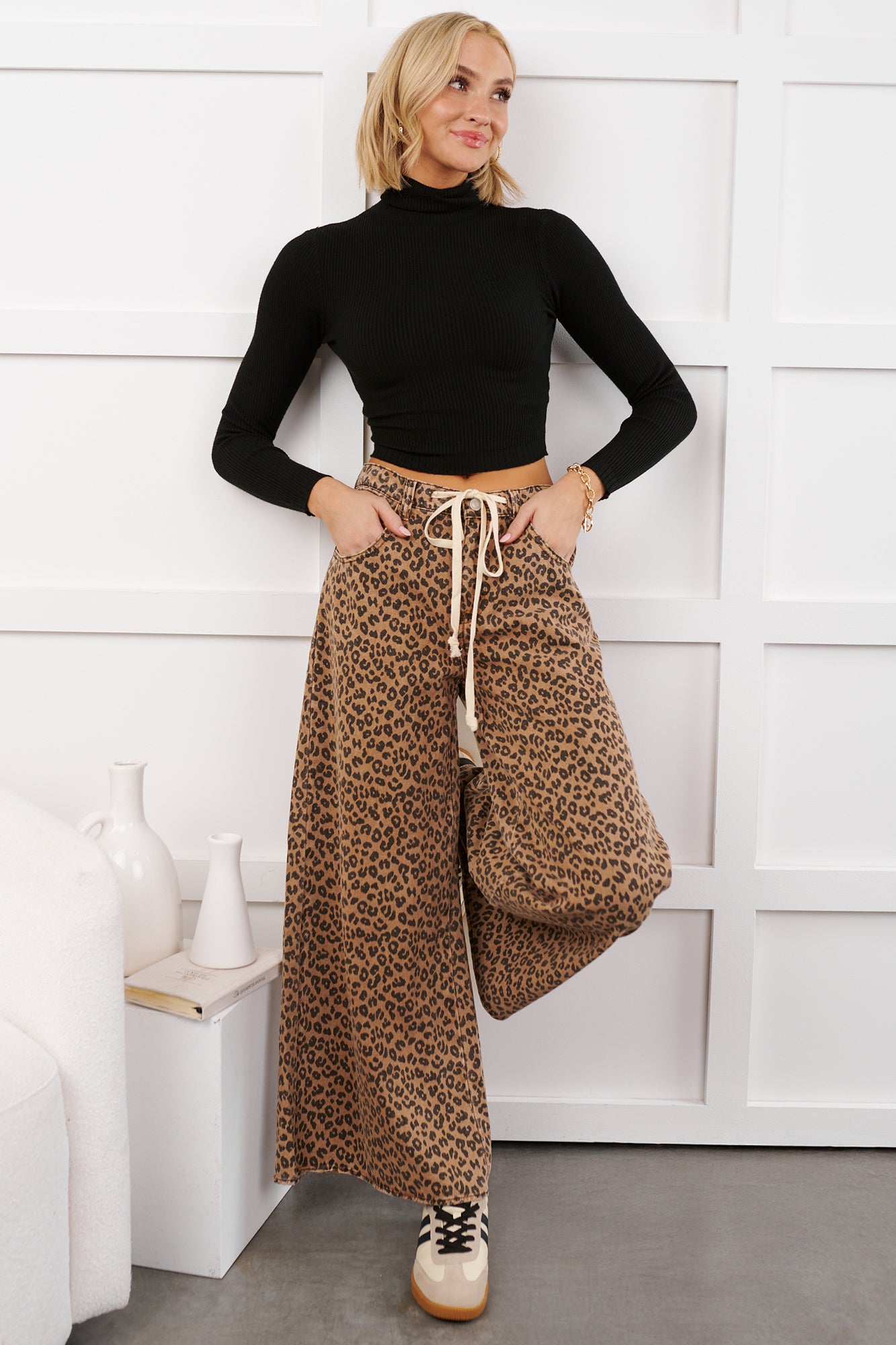 Alivia Drawstring Leopard NoaBoa Pants (Mocha/Black) - NanaMacs