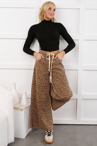 Alivia Drawstring Leopard NoaBoa Pants (Mocha/Black) - NanaMacs