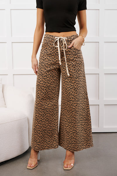 Alivia Drawstring Leopard NoaBoa Pants (Mocha/Black) - NanaMacs