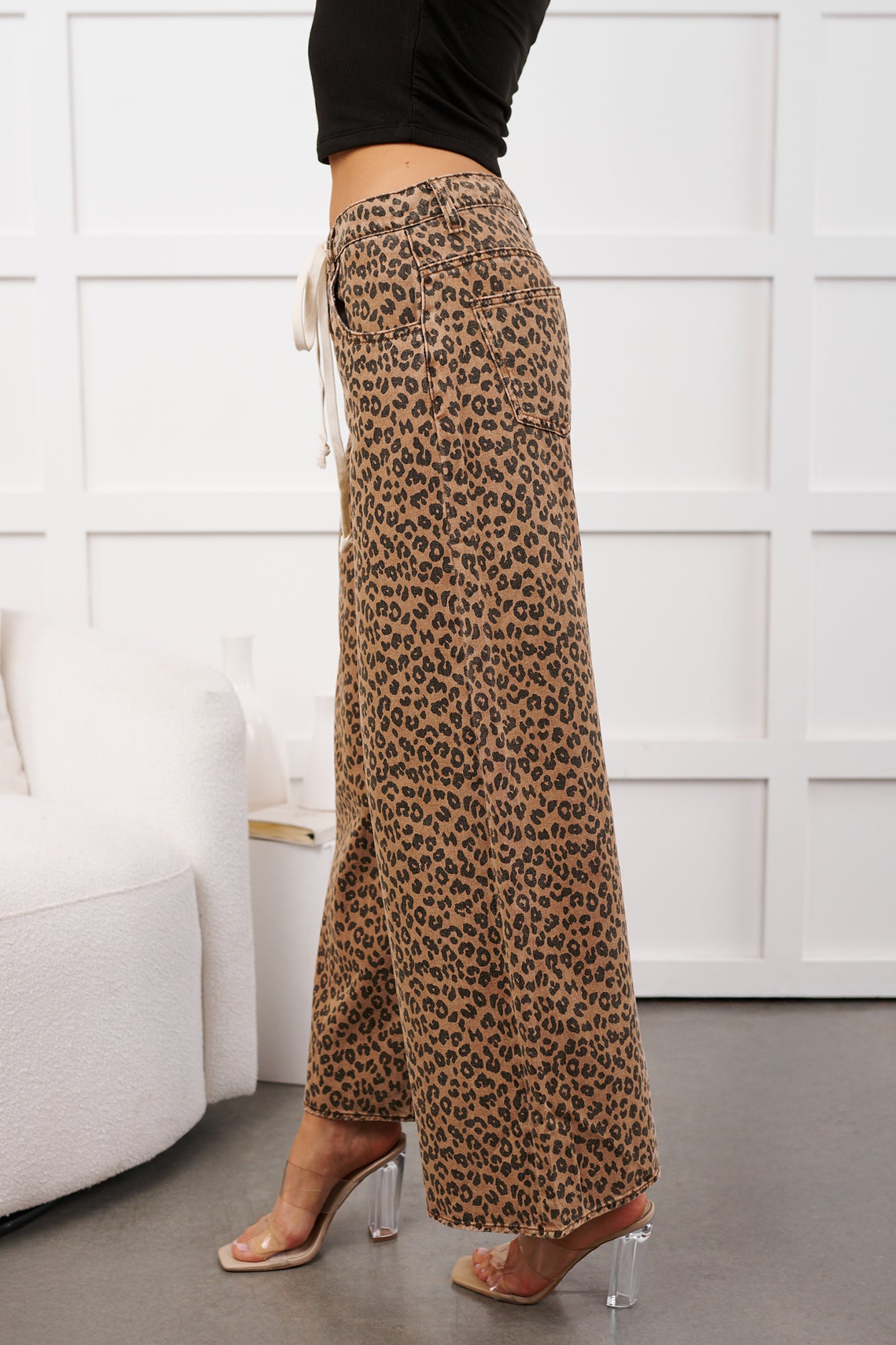 Alivia Drawstring Leopard NoaBoa Pants (Mocha/Black) - NanaMacs