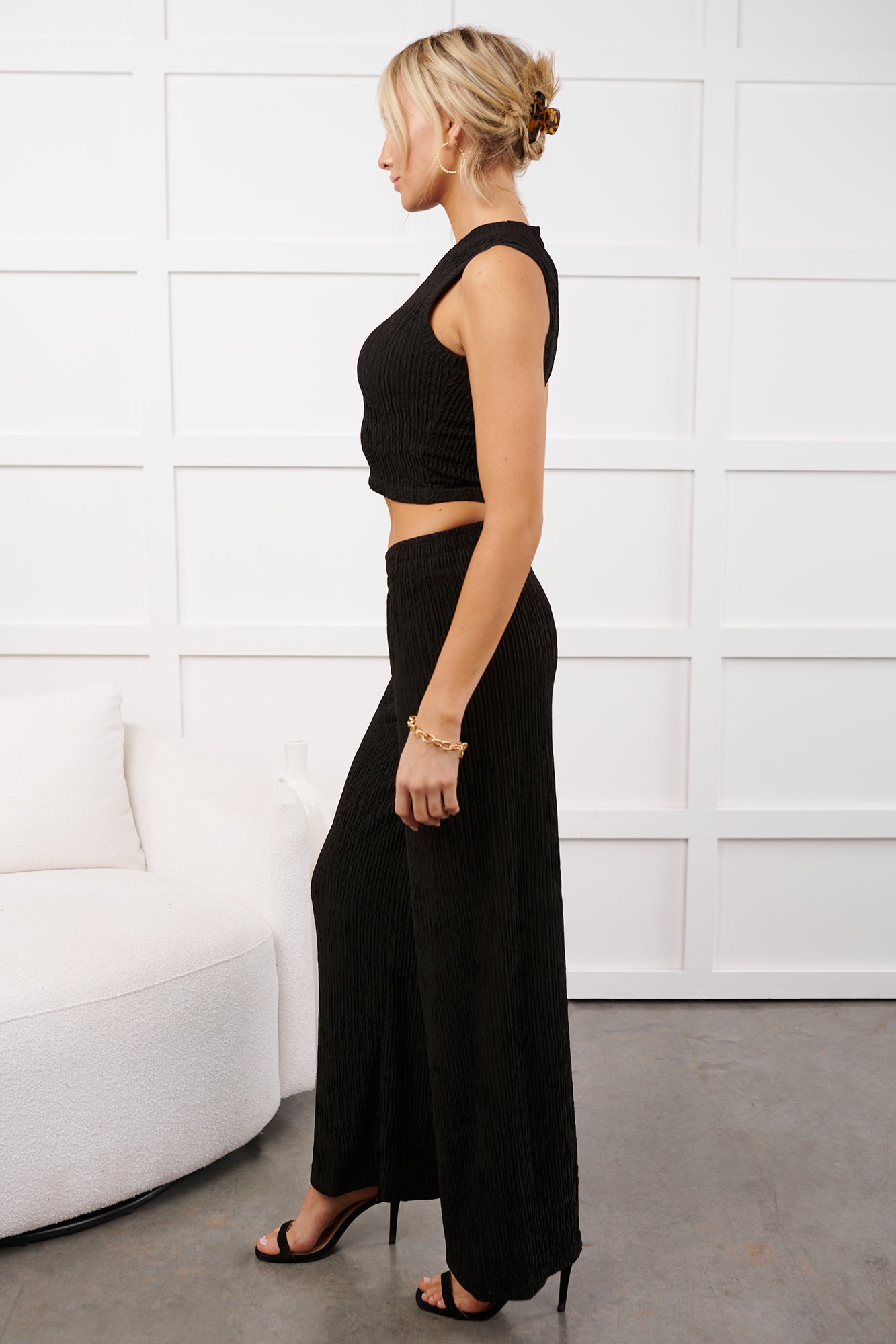 Sunday Slow-Down Textured Two-Piece Set (Black) - NanaMacs