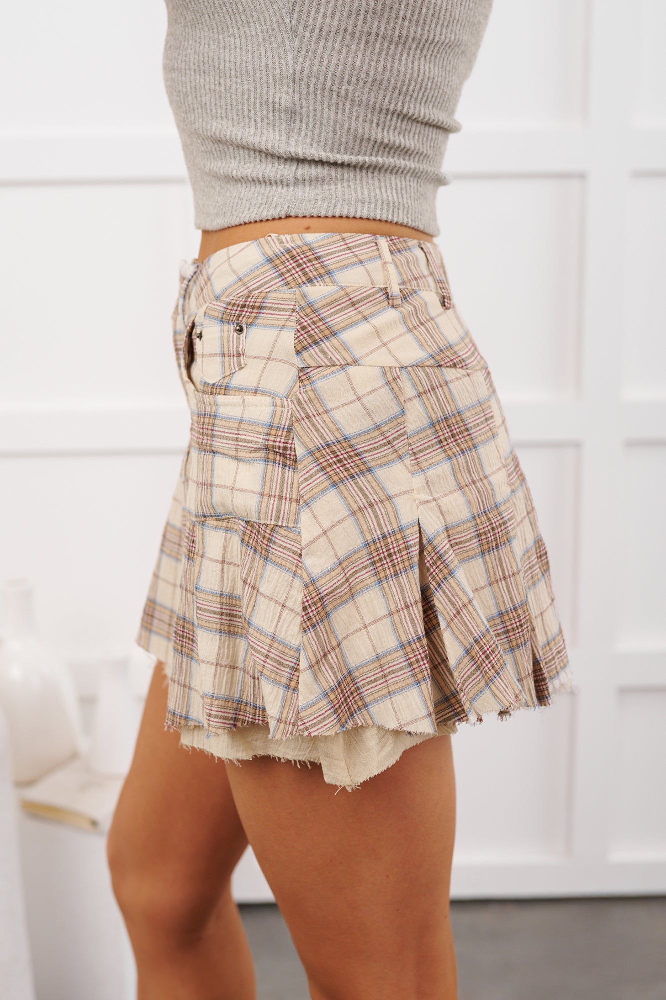 Pretty Feelings Plaid Mini Skirt (Cream) - NanaMacs