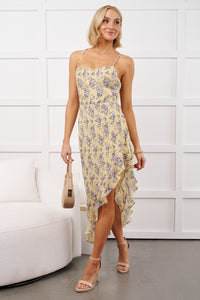 Truly Lovable Asymmetric Floral Midi Dress (Yellow) - NanaMacs