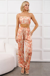 Brighter Days Printed Satin Crop Top & Pants Set (Peach Multi) - NanaMacs