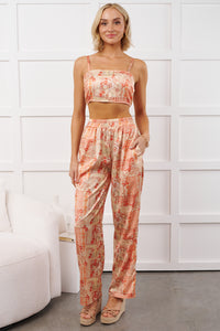 Brighter Days Printed Satin Crop Top & Pants Set (Peach Multi) - NanaMacs