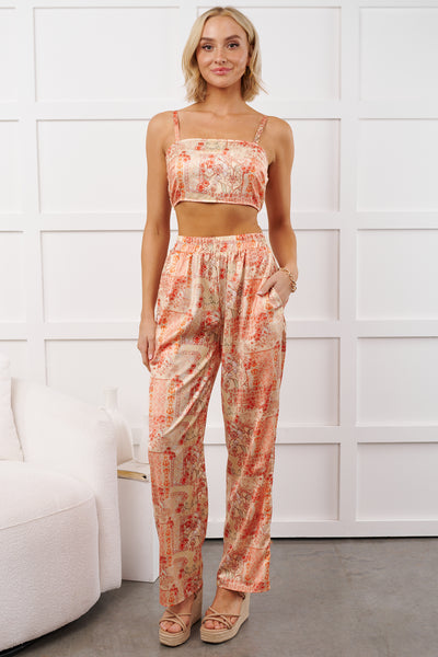 Brighter Days Printed Satin Crop Top & Pants Set (Peach Multi) - NanaMacs