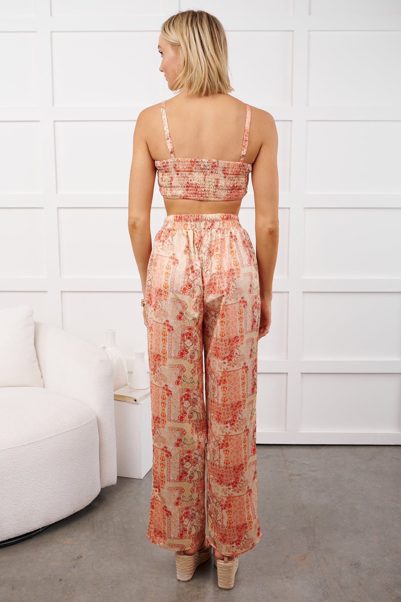 Brighter Days Printed Satin Crop Top & Pants Set (Peach Multi) - NanaMacs