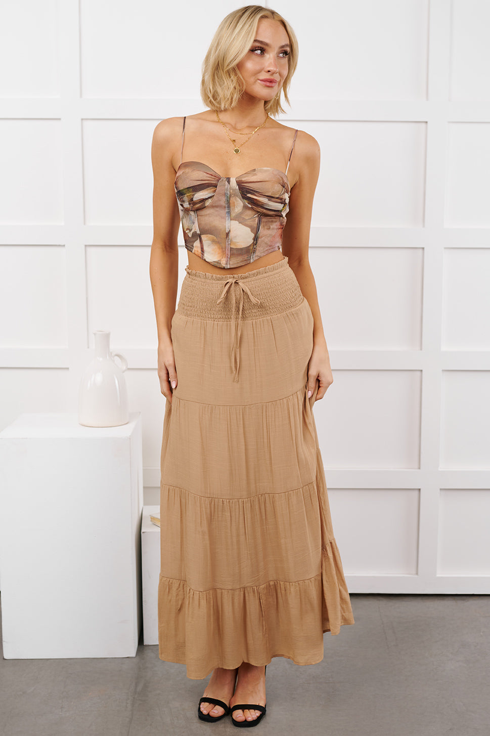 Ocean Serenade Tiered Maxi Skirt (Khaki) - NanaMacs