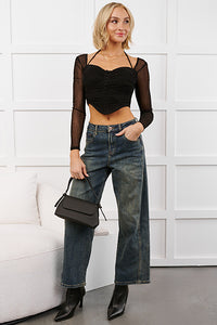 Whisper Of Romance Sweetheart Mesh Crop Top (Black) - NanaMacs