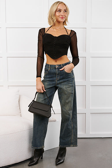 Whisper Of Romance Sweetheart Mesh Crop Top (Black) - NanaMacs