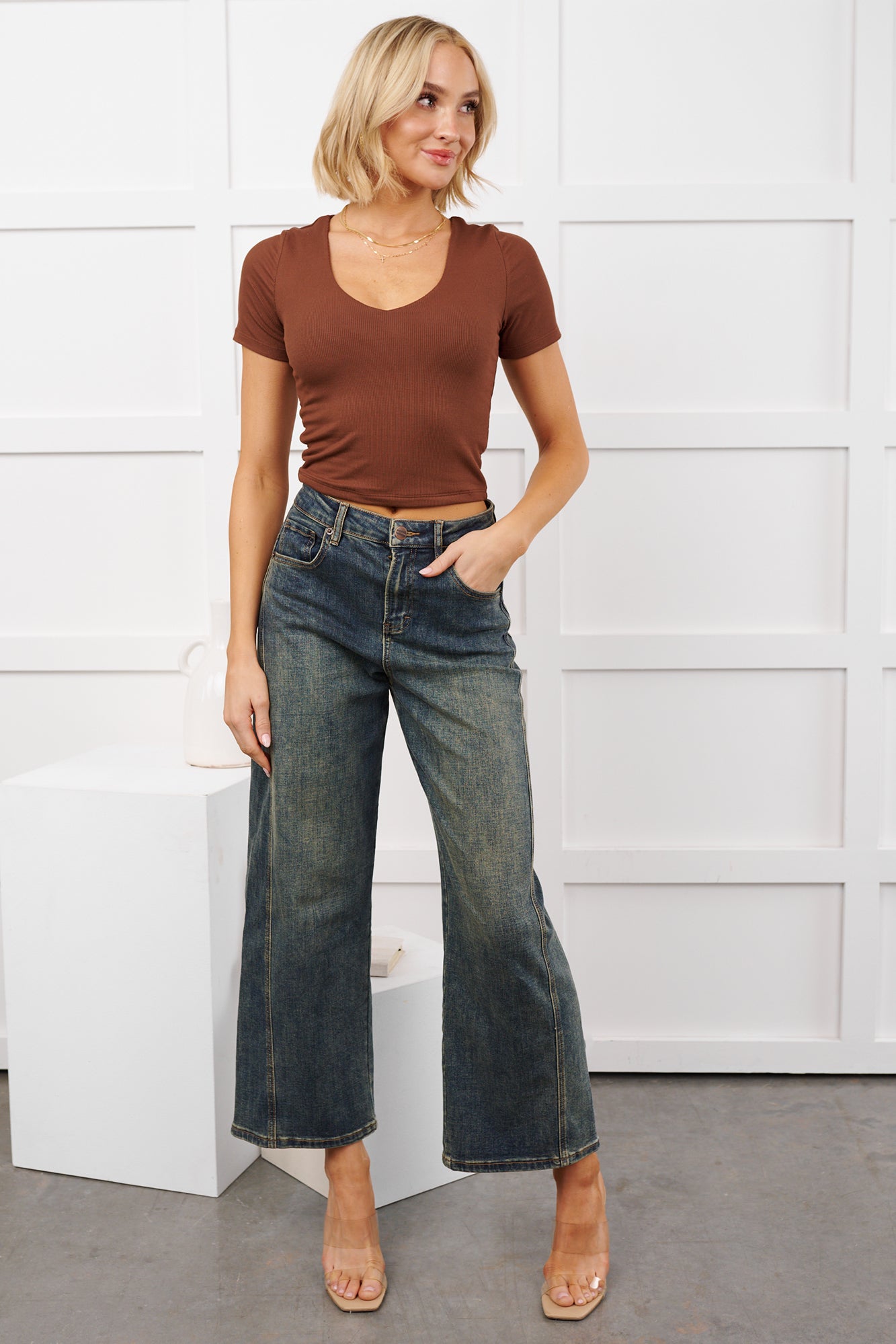 Rule Of Thumb Ribbed Short Sleeve Top (Chocolate)