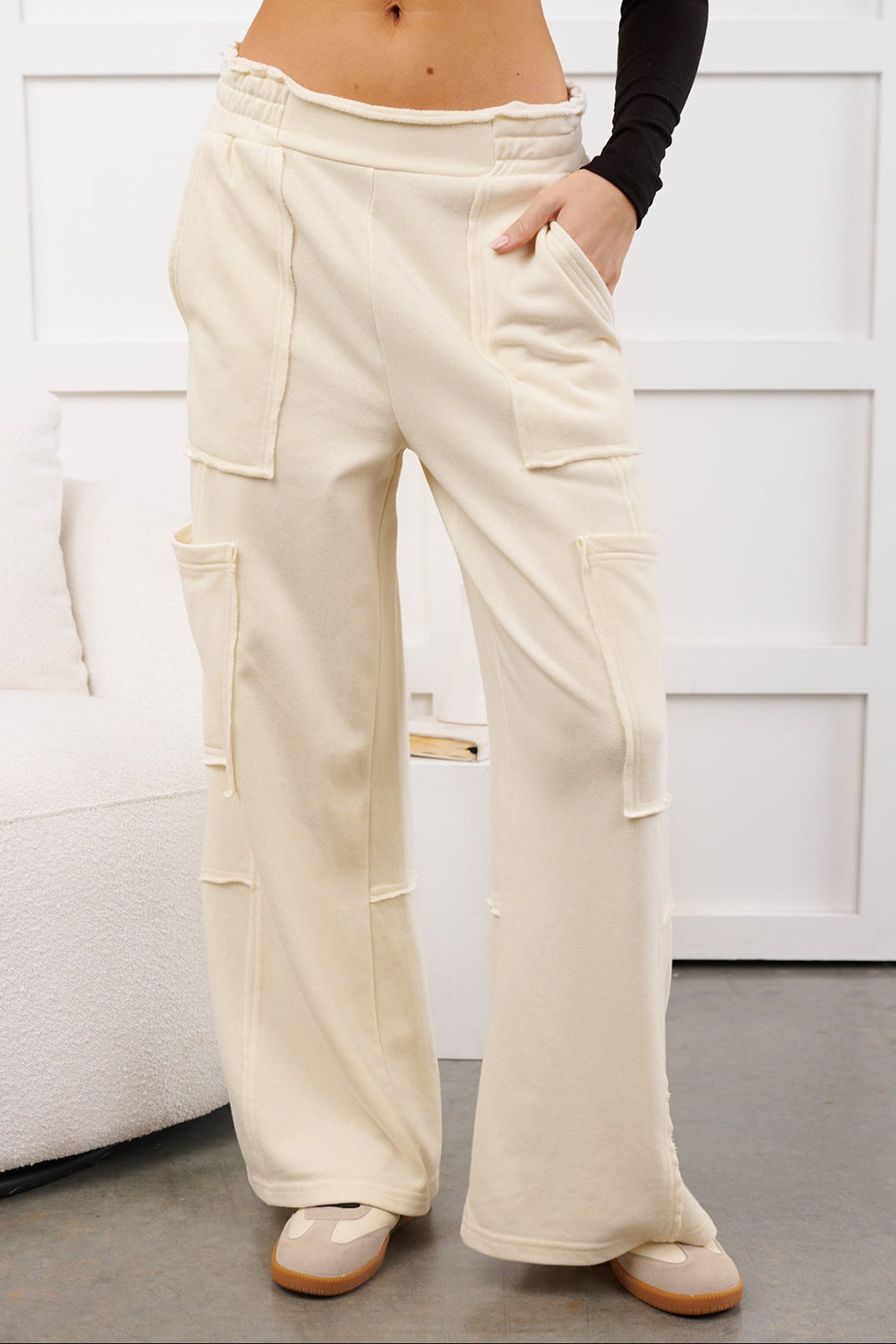 Mellow Hours Cargo Wide Leg Lounge Pants (Cream) - NanaMacs