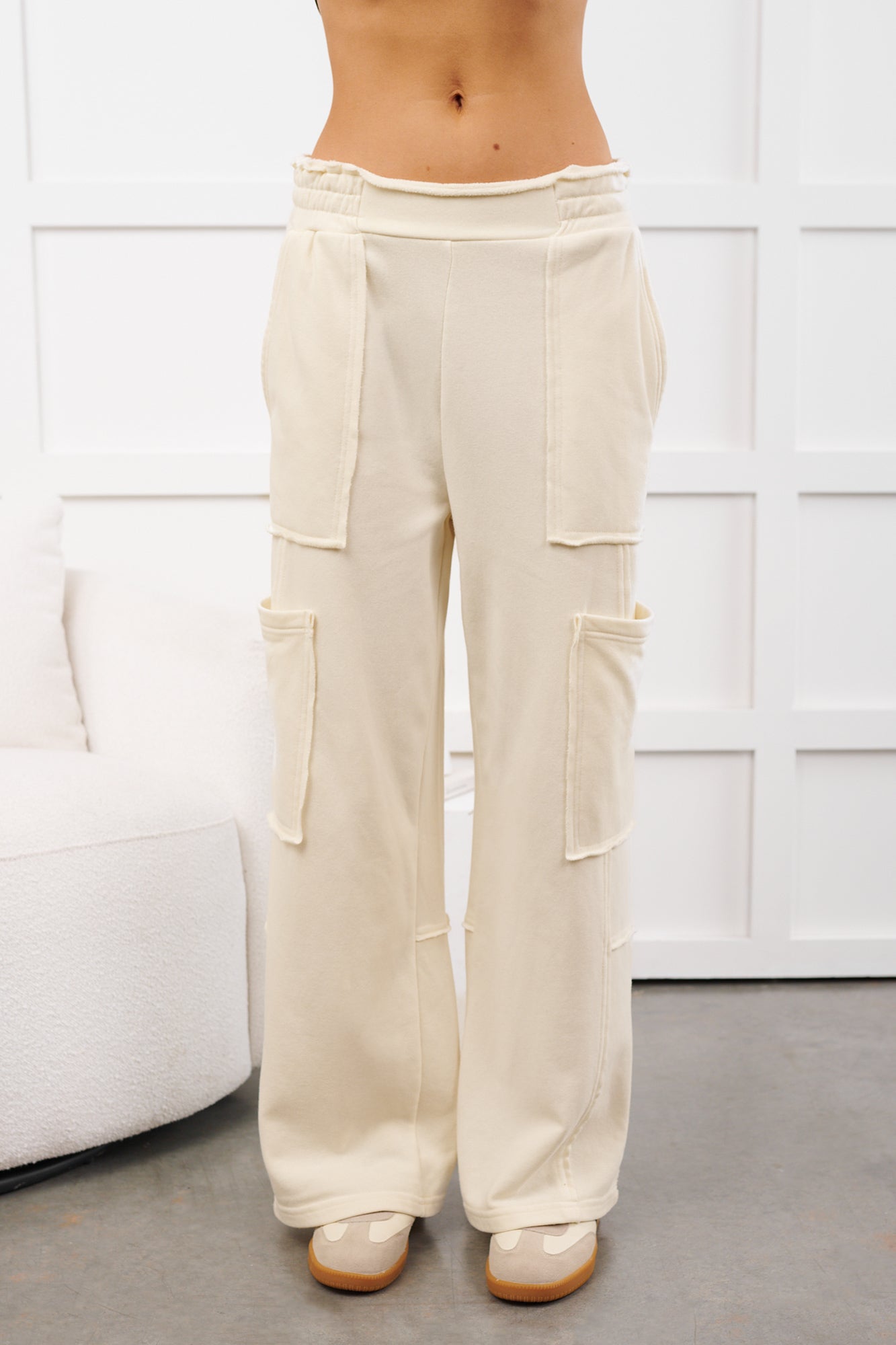 Mellow Hours Cargo Wide Leg Lounge Pants (Cream) - NanaMacs