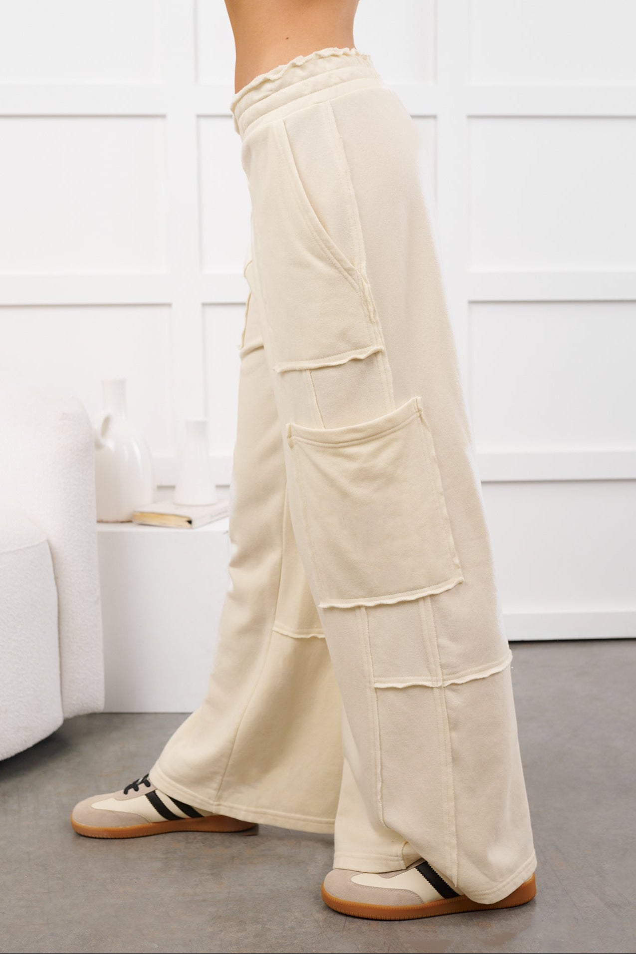 Mellow Hours Cargo Wide Leg Lounge Pants (Cream) - NanaMacs