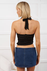 Feminine Flair Halter Tie Cowl Lace Blouse (Black) - NanaMacs