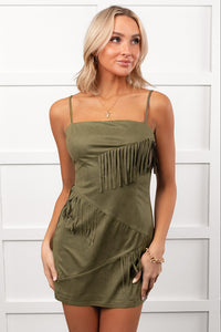 Hayride Dreams Faux Suede Fringe Mini Dress (Dusty Olive)