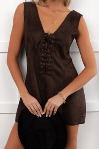 Let It Be Faux Suede Lace-Up Romper (Dark Chocolate) - NanaMacs