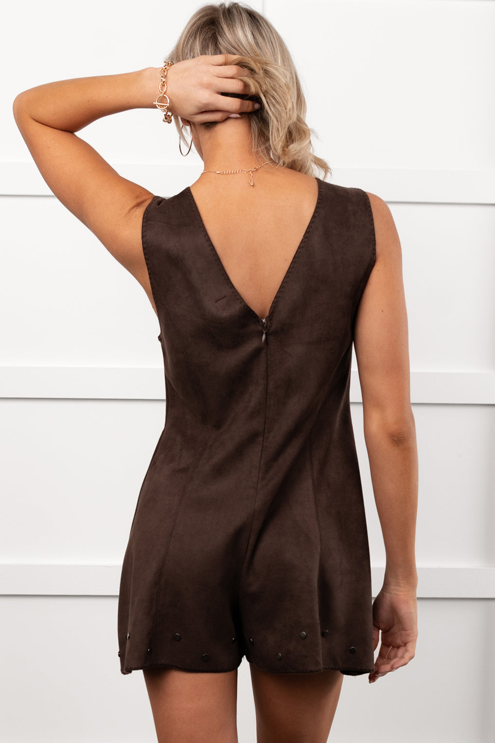 Let It Be Faux Suede Lace-Up Romper (Dark Chocolate) - NanaMacs