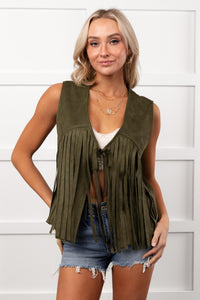 Barnwood Love Faux Suede Fringe Detail Vest (Dark Olive) - NanaMacs