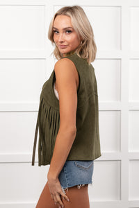Barnwood Love Faux Suede Fringe Detail Vest (Dark Olive) - NanaMacs