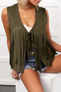 Barnwood Love Faux Suede Fringe Detail Vest (Dark Olive) - NanaMacs