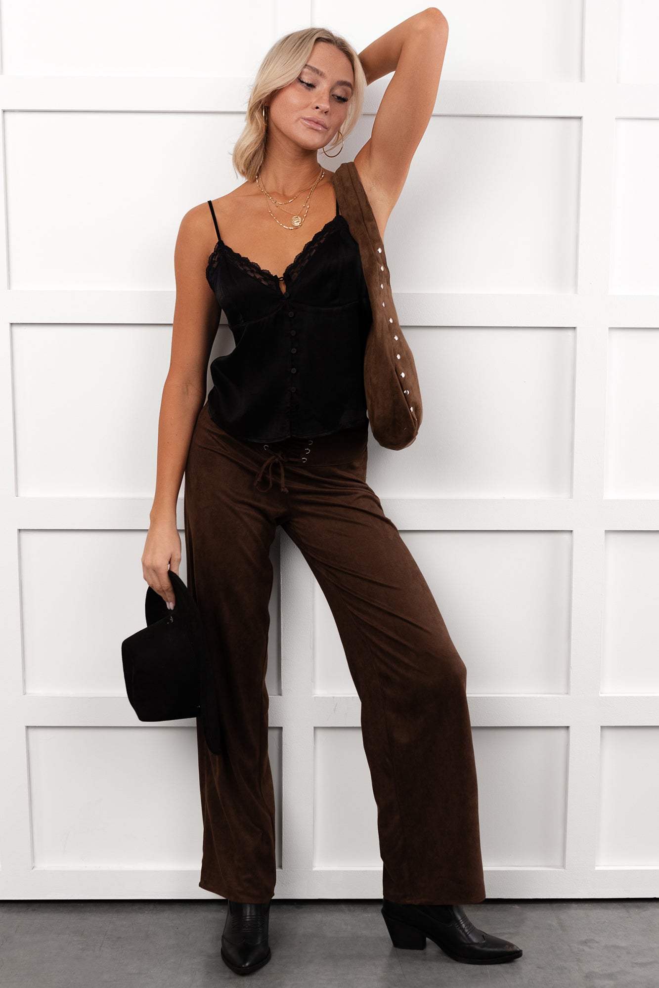 Unmatched Charm Lace-Up Suede Pants (Brown) - NanaMacs