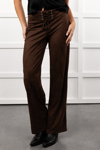 Unmatched Charm Lace-Up Suede Pants (Brown) - NanaMacs