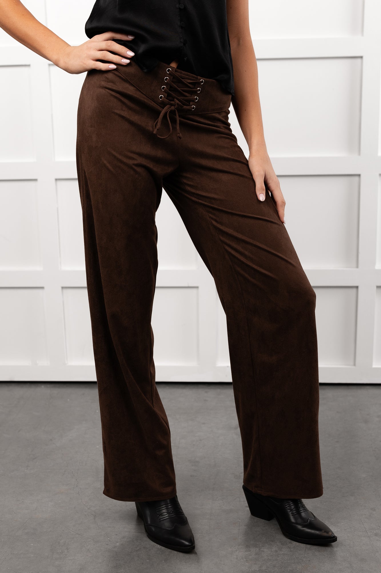 Unmatched Charm Lace-Up Suede Pants (Brown) - NanaMacs