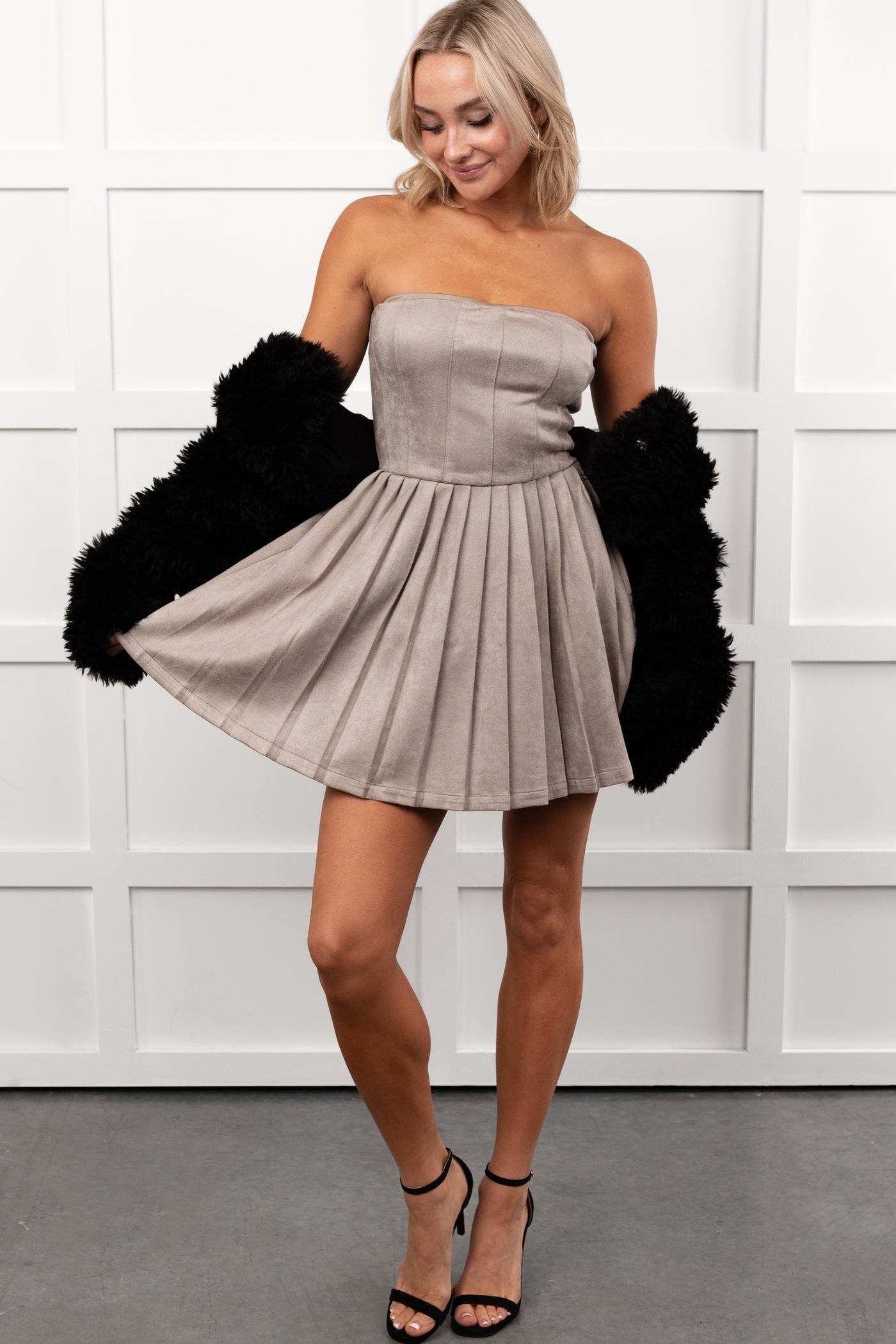 Up A Notch Faux Suede Pleated Mini Dress (Cement) - NanaMacs