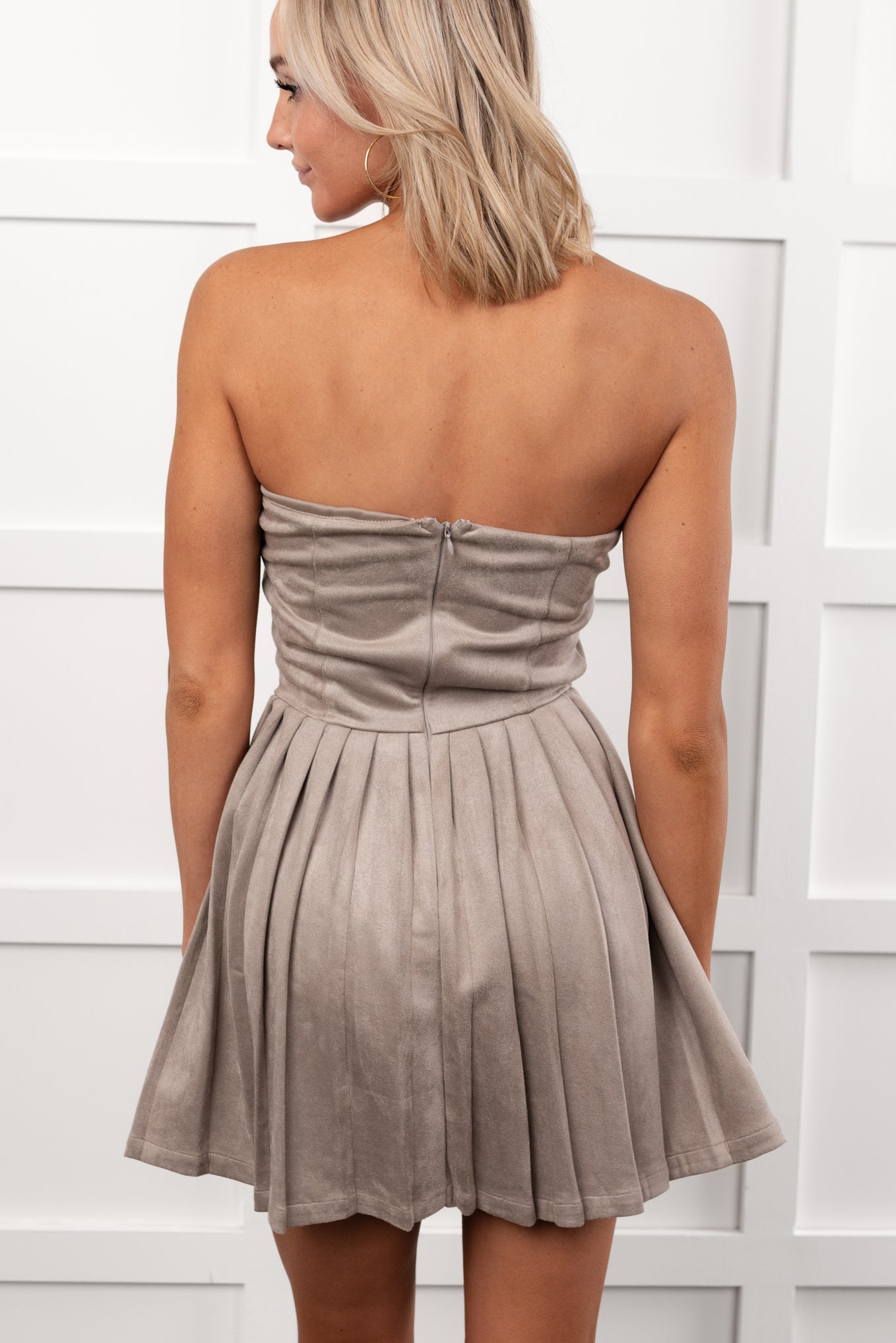 Up A Notch Faux Suede Pleated Mini Dress (Cement) - NanaMacs