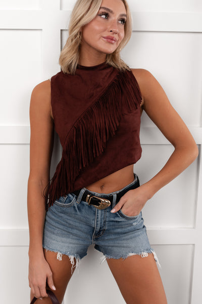 Boujee In Boots Sleeveless Fringe Detail Top (Rust) - NanaMacs
