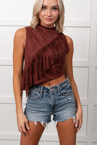 Boujee In Boots Sleeveless Fringe Detail Top (Rust) - NanaMacs