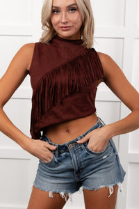 Boujee In Boots Sleeveless Fringe Detail Top (Rust) - NanaMacs