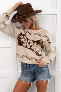 Rodeo Radiance Horse Pattern Knit Sweater (Oatmeal) - NanaMacs