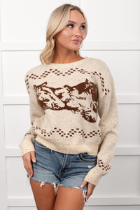 Rodeo Radiance Horse Pattern Knit Sweater (Oatmeal) - NanaMacs
