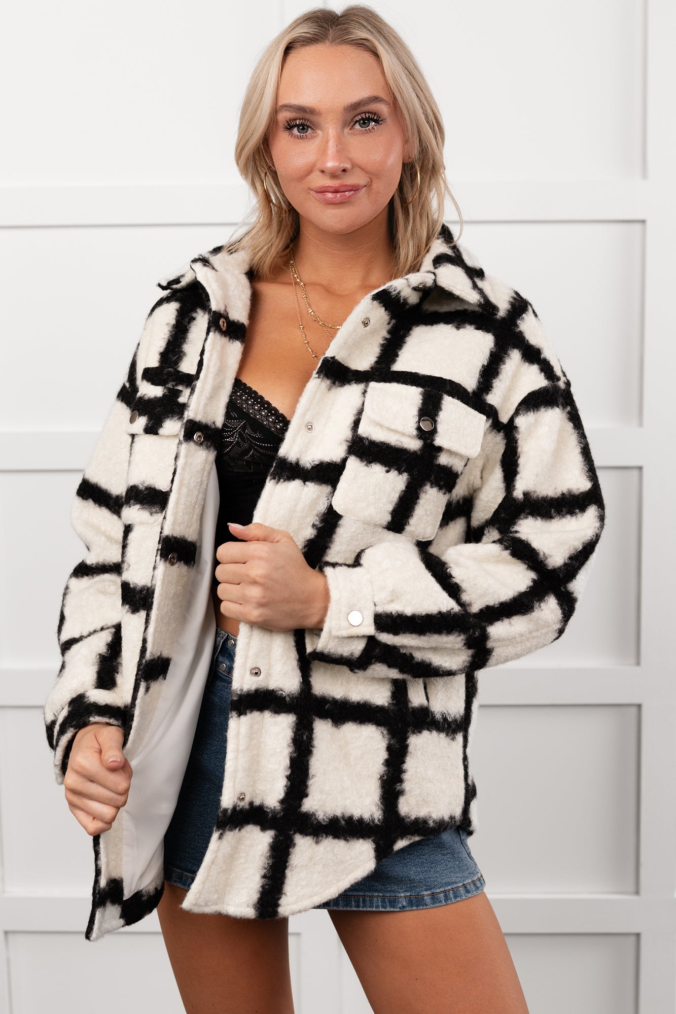 Hearth Light Grid Print Brushed Fleece Coat (Black) - NanaMacs