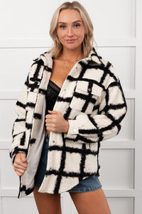 Hearth Light Grid Print Brushed Fleece Coat (Black) - NanaMacs