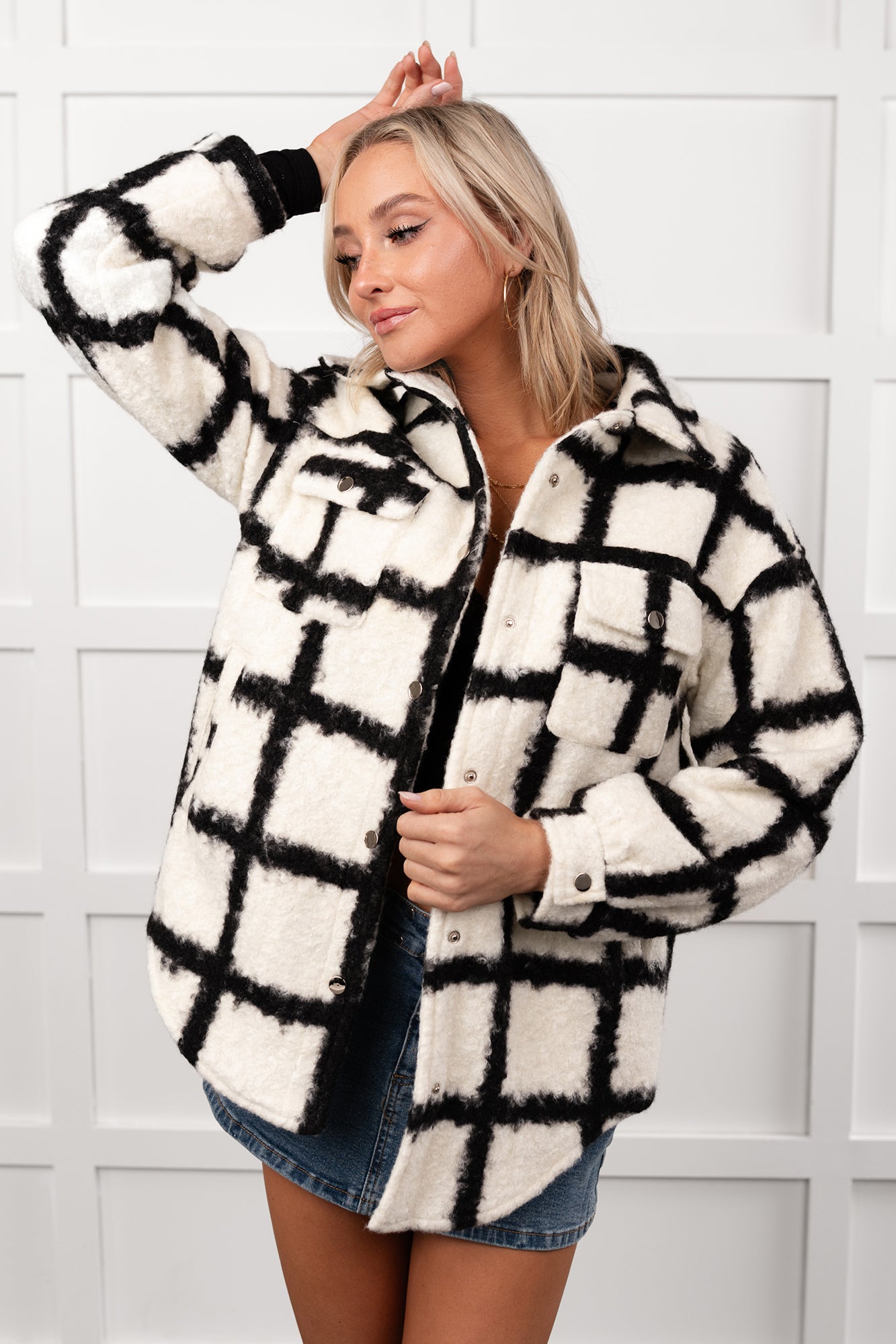 Hearth Light Grid Print Brushed Fleece Coat (Black) - NanaMacs