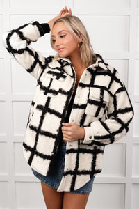 Hearth Light Grid Print Brushed Fleece Coat (Black) - NanaMacs