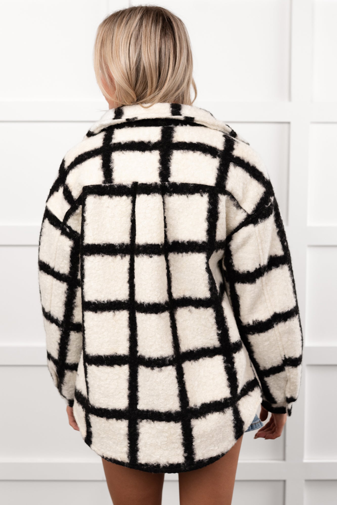 Hearth Light Grid Print Brushed Fleece Coat (Black) - NanaMacs
