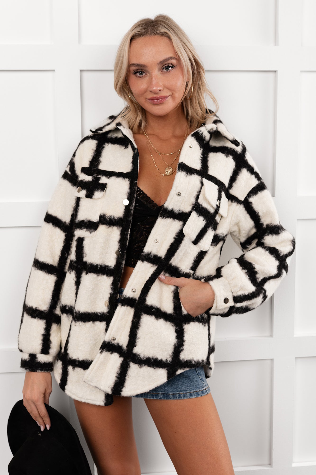 Hearth Light Grid Print Brushed Fleece Coat (Black) - NanaMacs