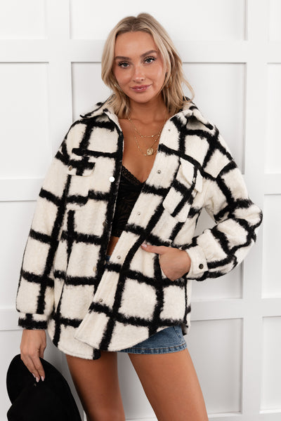 Hearth Light Grid Print Brushed Fleece Coat (Black) - NanaMacs