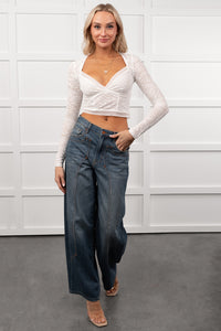 Garden Girl Leaf Pattern Long Sleeve Top (White) - NanaMacs